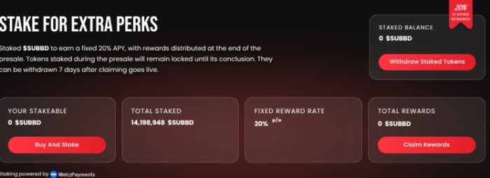 SUBBD token staking page.