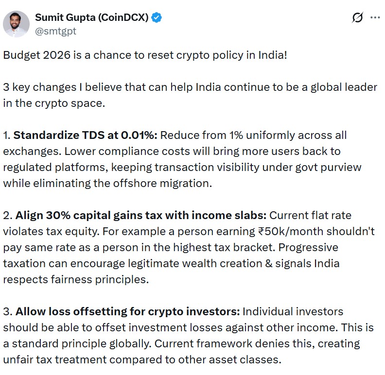 CoinDCX CEO Sumit Gupta outlines the India crypto industry's tax wishlist.