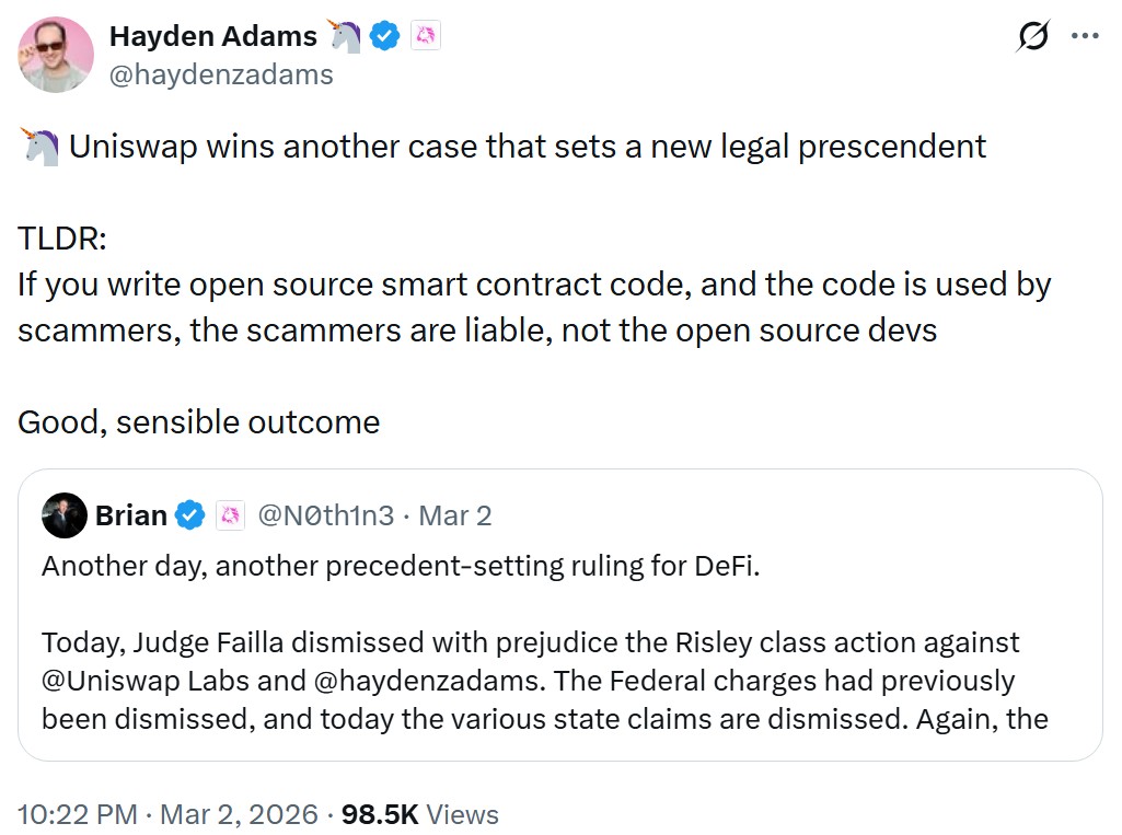 Uniswap court victory hayden adams