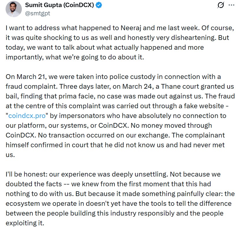 Sumit Gupta CoinDCX tweet following impersonation case