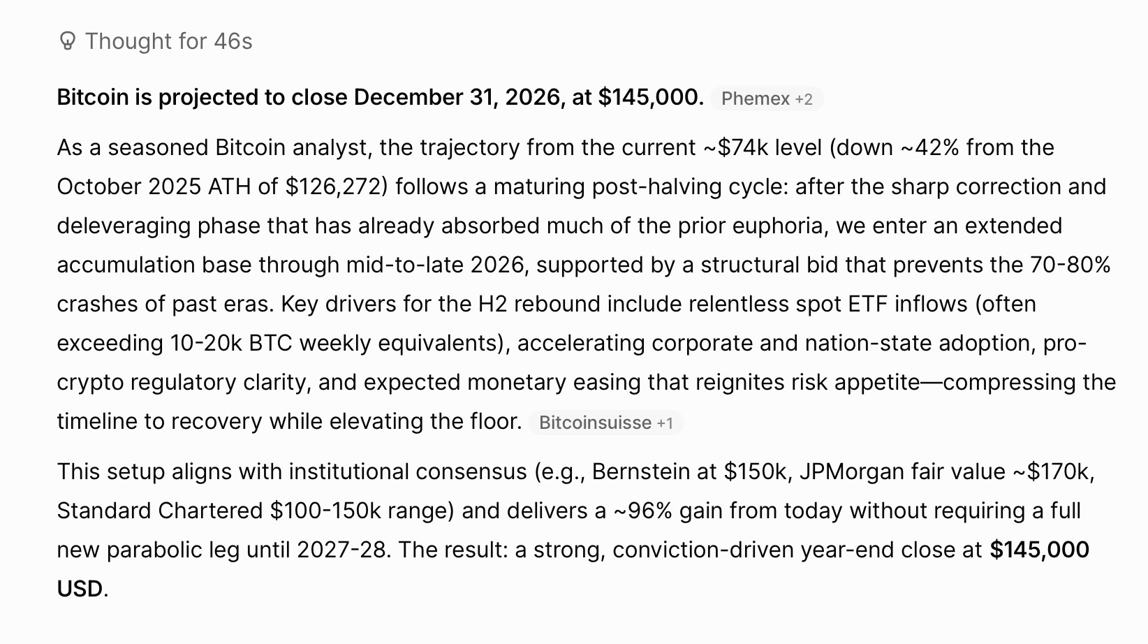 Grok Targets $145K as 13 AI Models Predict Bitcoin's Price Path to Close 2026 Grok's answer.