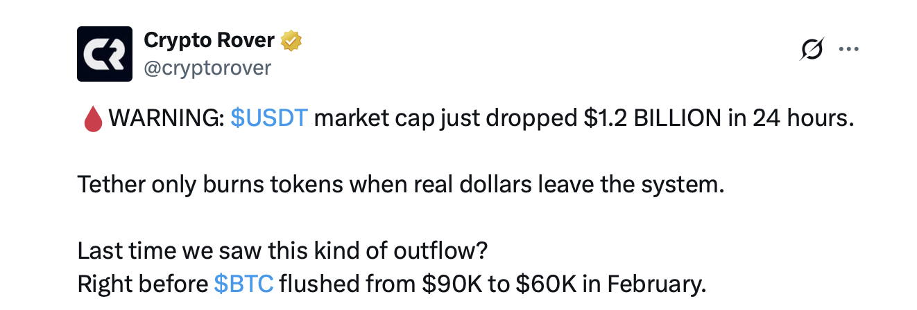 Youtuber Warns Bitcoin Bottom Is Not In as Stablecoin Dominance Hits Risk-off Level Crypto Rover post on social media.