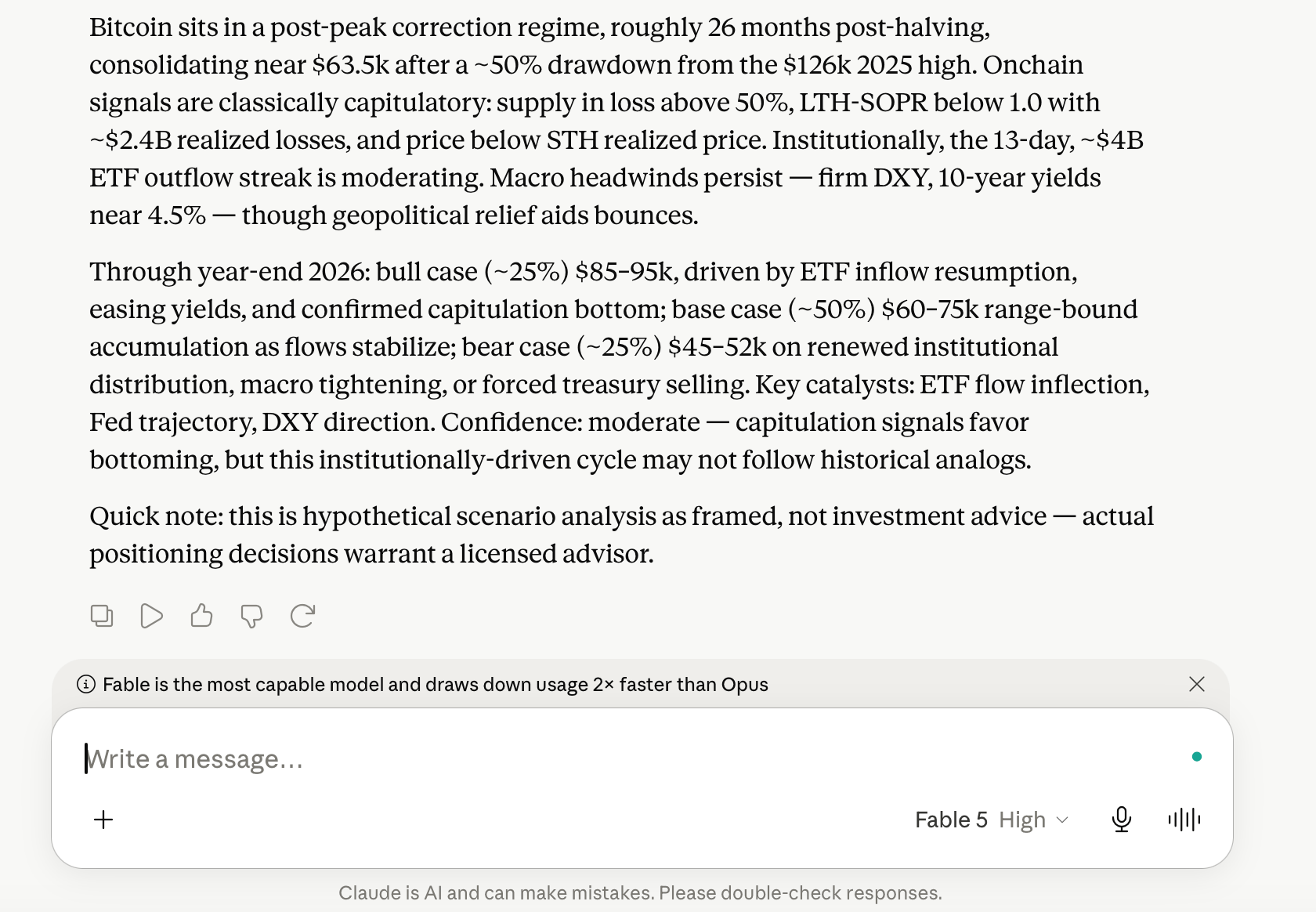Claude Fable 5 Puts 25% Odds on Bitcoin Reaching $95K by Year-End 2026 Claude Fable 5 context window and answer.
